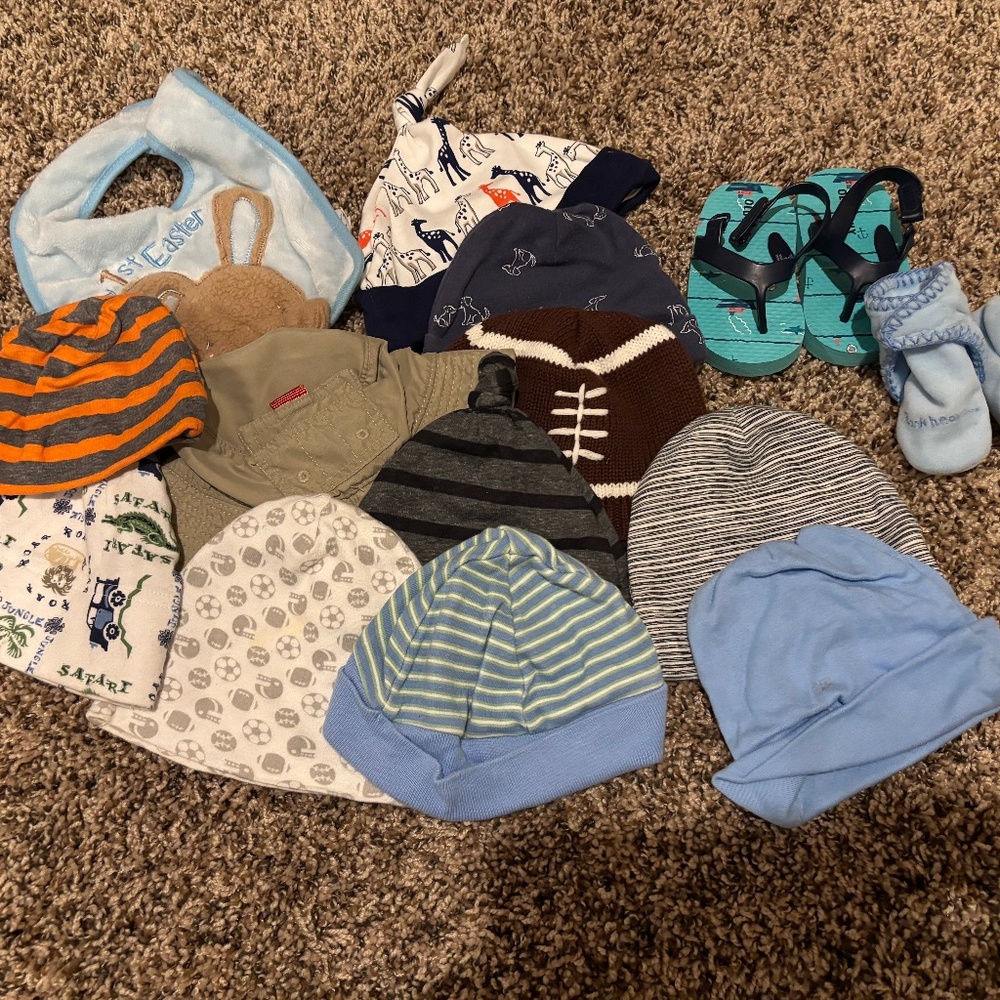 Nah boy hats, bib and 2 pair of shoes.